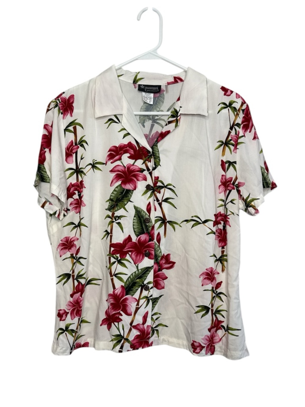 Vintage Puanani Women's Hawaiian Floral Button Front Short Sleeve Shirt XL
